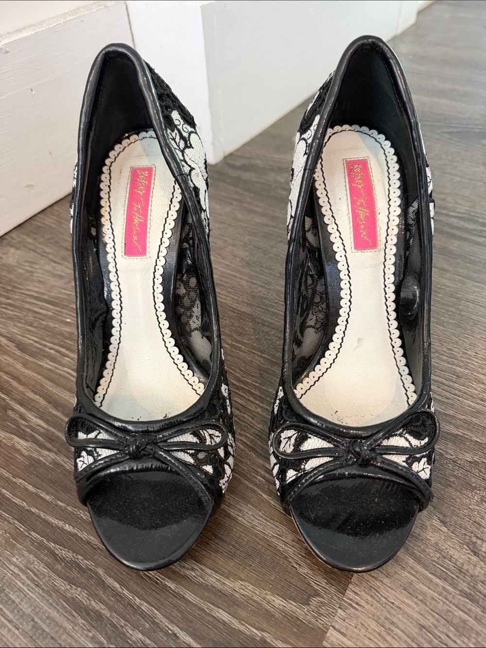 Betsey Johnson Black and White Lace Peep-Toe Heels with Bow
